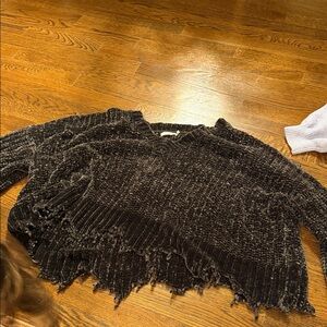 Lush Black Chenille Distressed Scoop-Neck Sweater